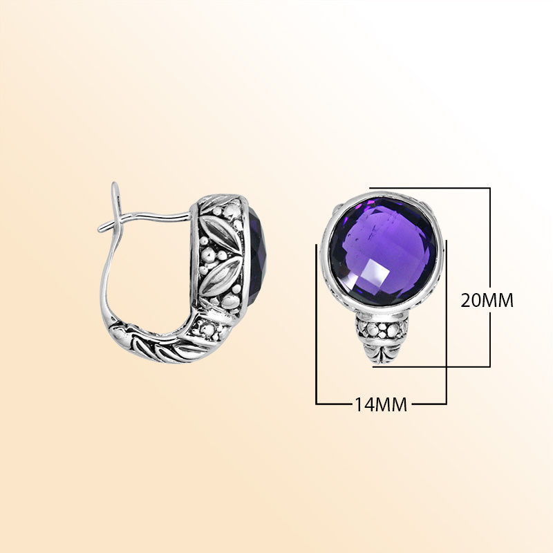 Sterling silver artisan earrings showcasing faceted amethyst quartz framed with ornate Balinese-inspired detailing, designed to deliver expressive, elegant, and comfortable everyday wear with secure omega clip closure.