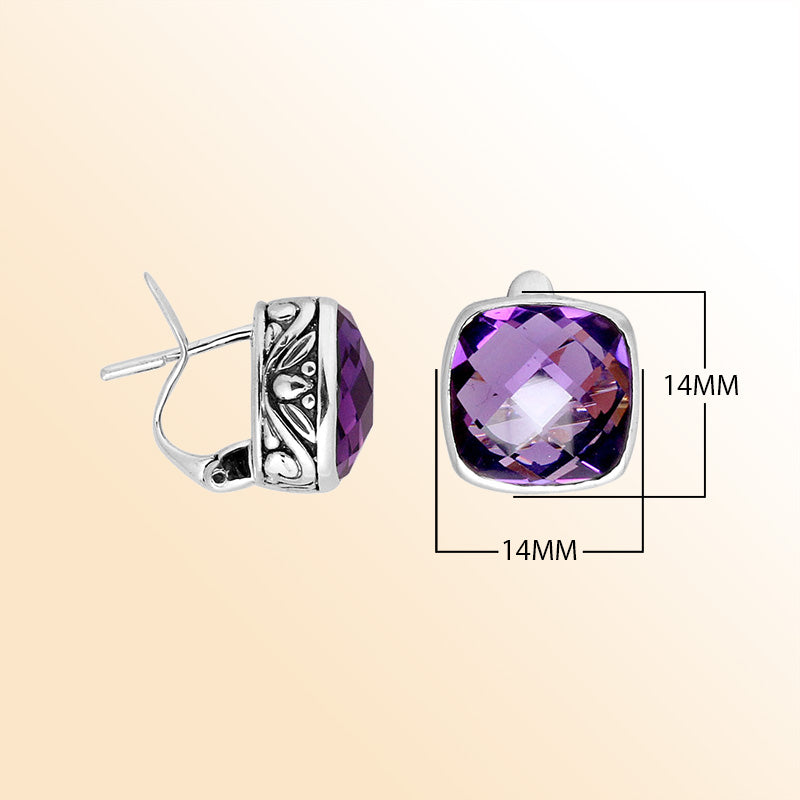 Elegant sterling silver cushion-cut Amethyst Quartz earrings with artistic side detailing, Omega clip lock, and mirror-polished shine for sophisticated modern jewelry lovers.