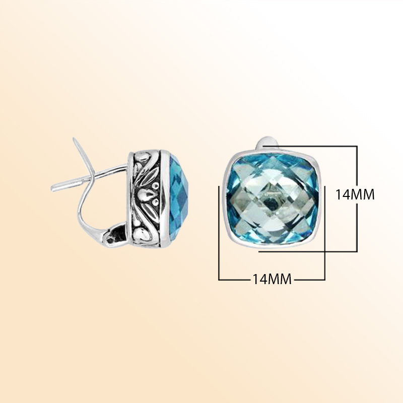 Elegant sterling silver cushion-cut Blue Topaz Quartz earrings featuring artistic detailing, Omega clip lock, and high-polished finish, perfect for sophisticated modern jewelry lovers.