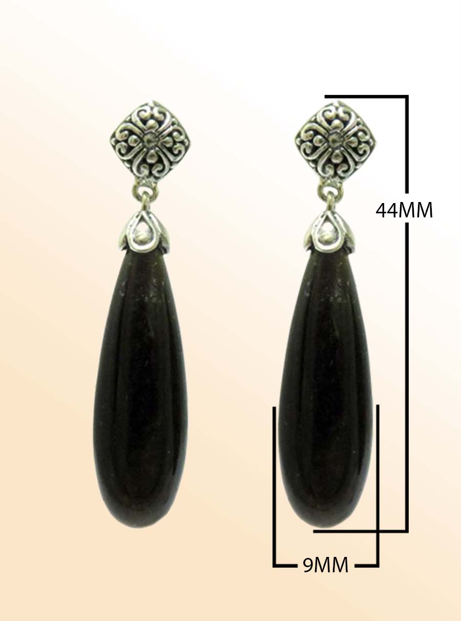 Sterling silver earrings featuring sleek Black Obsidian teardrops paired with ornate Bali-inspired tops, creating an expressive and elegant accessory for modern everyday styling.