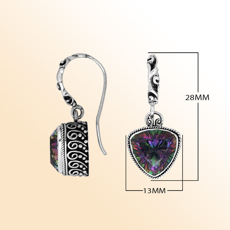 Sterling silver earrings featuring a vibrant triangular Mystic Quartz stone enhanced by carved detailing and earwire lock, offering bold color shifts and artistic handcrafted charm for everyday wear.
