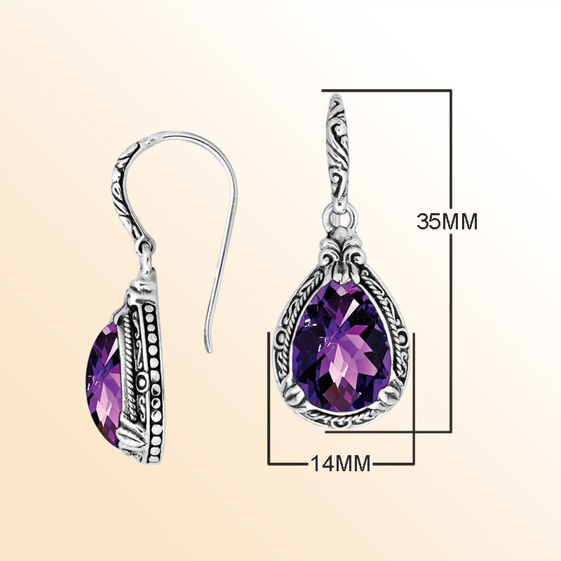 Elegant sterling silver pear-shaped Amethyst Quartz earrings with artistic Balinese detailing, earwire lock, and mirror-polished shine, perfect for timeless and sophisticated style lovers.