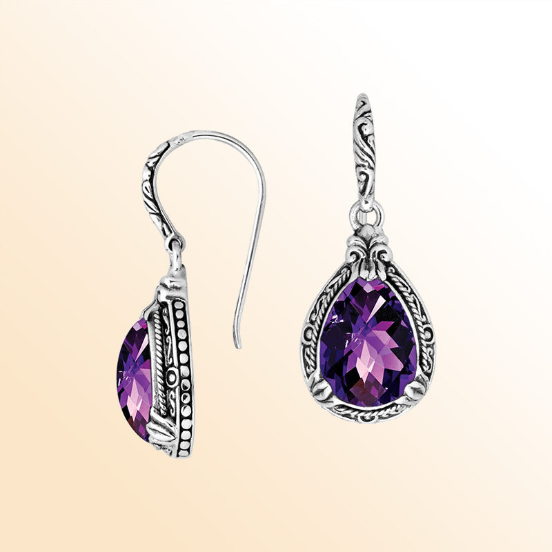Elegant sterling silver pear-shaped Amethyst Quartz earrings with artistic Balinese detailing, earwire lock, and mirror-polished shine, perfect for timeless and sophisticated style lovers.