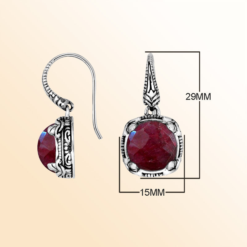 Sterling silver Ruby Quartz round cushion earwire earrings with handcrafted ornate silver frame, antique-polished finish, rich red stone accents, and elegant earwire hooks designed for refined everyday and special occasion wear.