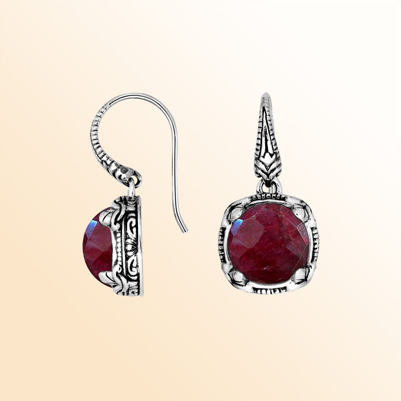 Sterling silver Ruby Quartz round cushion earwire earrings with handcrafted ornate silver frame, antique-polished finish, rich red stone accents, and elegant earwire hooks designed for refined everyday and special occasion wear.