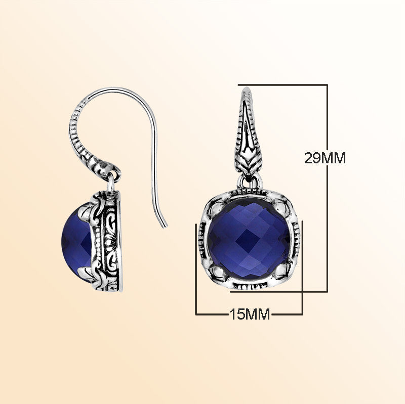 Sterling silver Sapphire round cushion earwire earrings with handcrafted ornate silver frame, antique-polished finish, rich blue stone accents, and elegant earwire hooks designed for refined everyday and special occasion wear.
