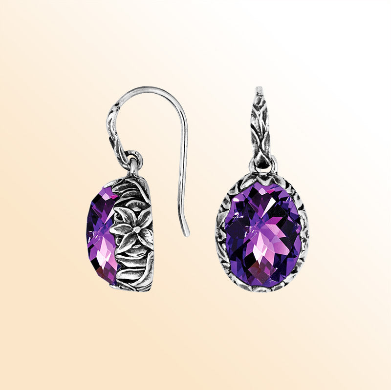 Sterling silver Amethyst Quartz oval earwire earrings with handcrafted floral silver frame, antique-polished finish, rich purple stone accents, and elegant earwire hooks designed for refined everyday and special occasion wear.