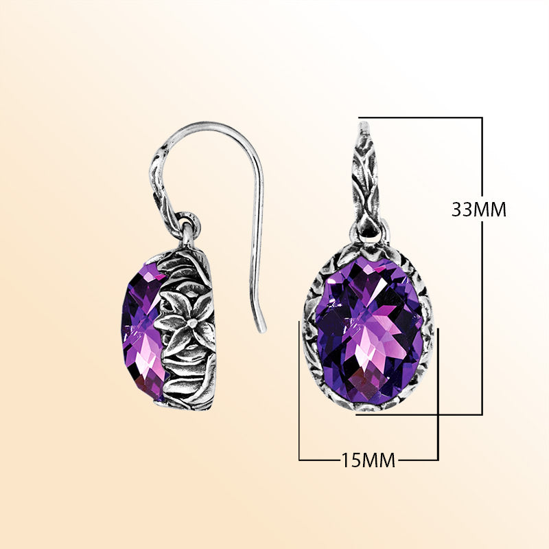 Sterling silver Amethyst Quartz oval earwire earrings with handcrafted floral silver frame, antique-polished finish, rich purple stone accents, and elegant earwire hooks designed for refined everyday and special occasion wear.