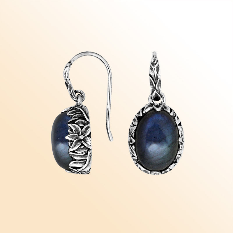 Sterling silver Labradorite oval earwire earrings with handcrafted floral silver frame, antique-polished finish, luminous gray-blue stone accents, and elegant earwire hooks designed for refined everyday and special occasion wear.