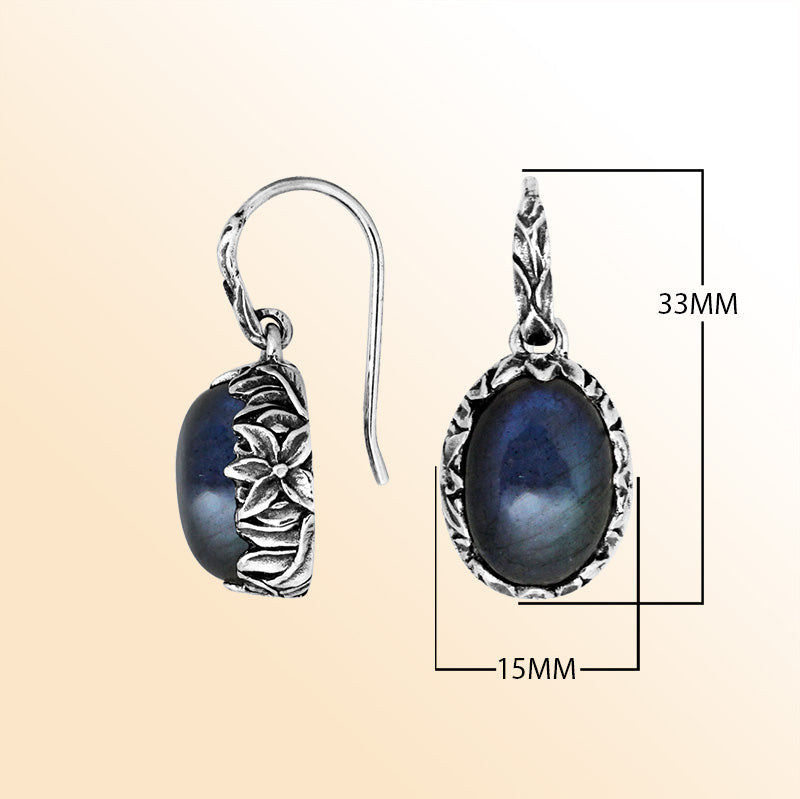 Sterling silver Labradorite oval earwire earrings with handcrafted floral silver frame, antique-polished finish, luminous gray-blue stone accents, and elegant earwire hooks designed for refined everyday and special occasion wear.