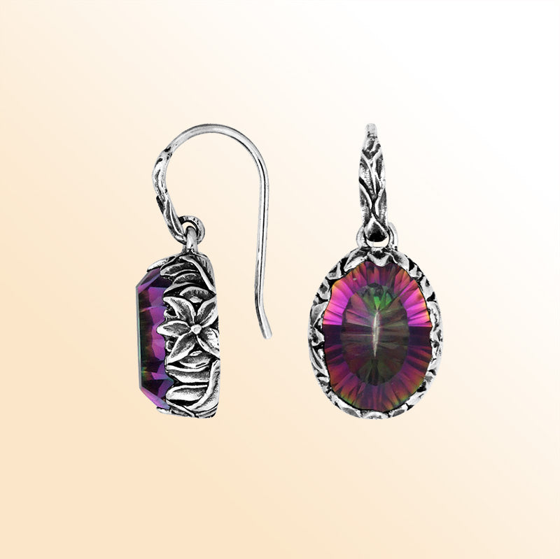 Sterling silver Mystic Quartz oval earwire earrings with handcrafted floral silver frame, antique-polished finish, vivid multicolor stone reflections, and elegant earwire hooks designed for refined everyday and special occasion wear.