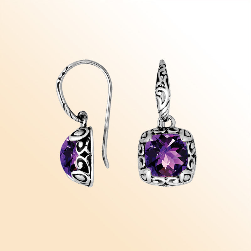 Sterling silver cushion earrings with Amethyst Quartz and detailed oxidized artisan design.