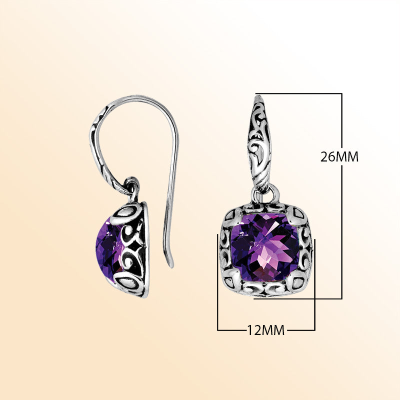 Sterling silver cushion earrings with Amethyst Quartz and detailed oxidized artisan design.