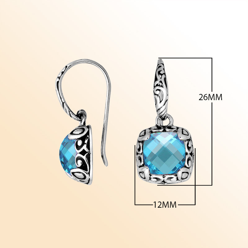 Sterling silver cushion earrings with Blue Topaz Quartz and ornate oxidized detailing.
