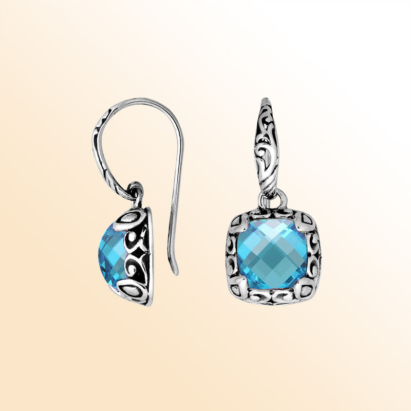 Sterling silver cushion earrings with Blue Topaz Quartz and ornate oxidized detailing.