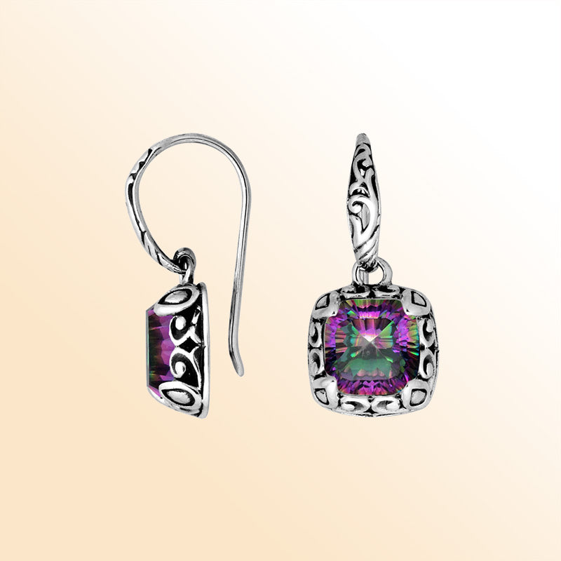 Sterling silver cushion earrings with Mystic Quartz and ornate oxidized artisan design.