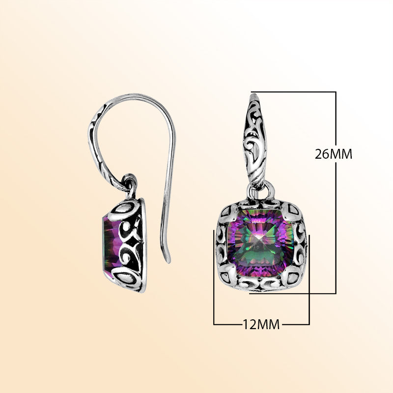 Sterling silver cushion earrings with Mystic Quartz and ornate oxidized artisan design.