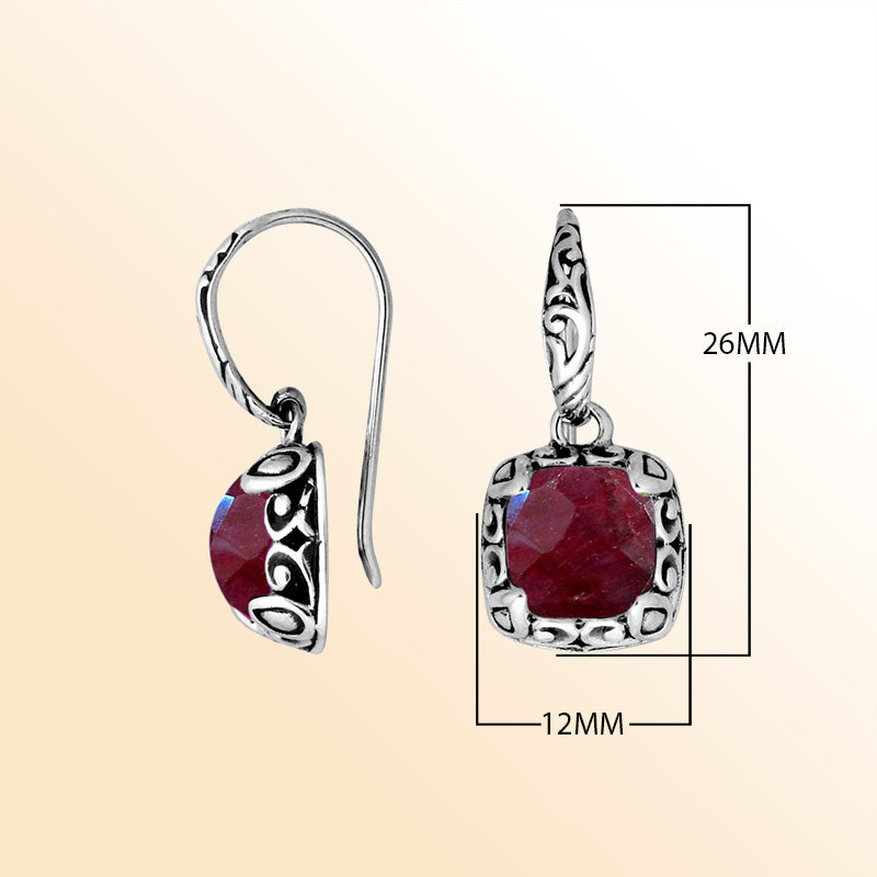 Sterling silver cushion earrings with Ruby and ornate oxidized silver detailing.