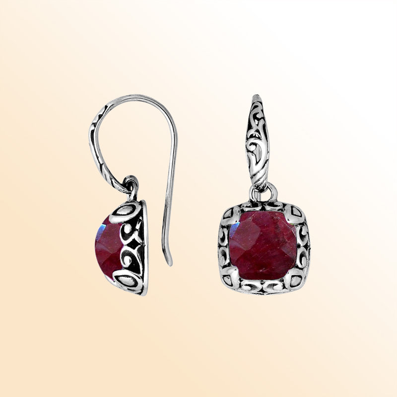 Sterling silver cushion earrings with Ruby and ornate oxidized silver detailing.