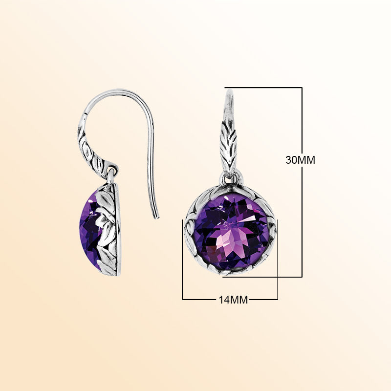 Sterling silver round earrings with Amethyst Quartz and intricate oxidized silver craftsmanship.