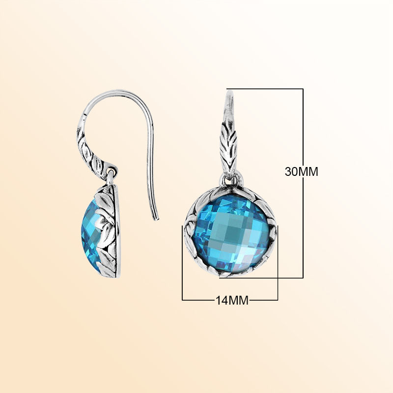 Sterling silver round earrings with Blue Topaz Quartz and detailed oxidized silver craftsmanship.