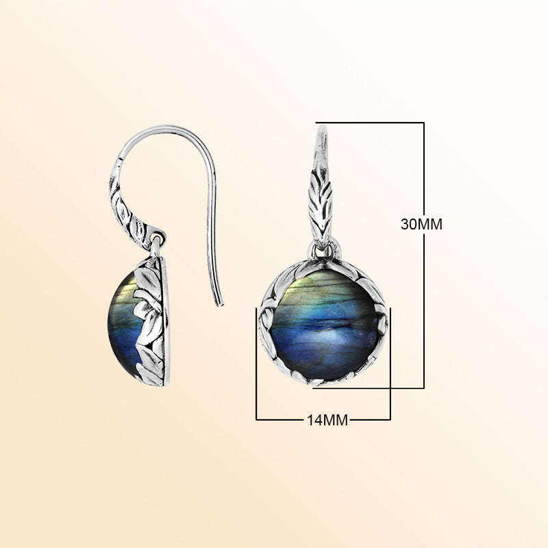 Sterling silver round earrings with Labradorite and detailed oxidized silver craftsmanship.