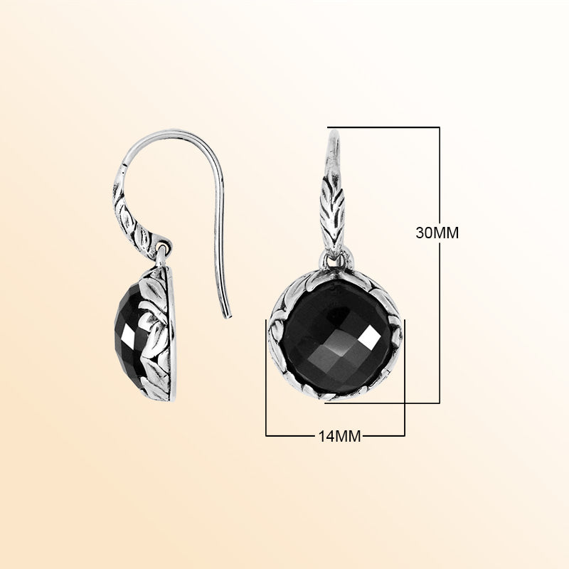 Sterling silver round earrings with Black Onyx and detailed oxidized silver craftsmanship.