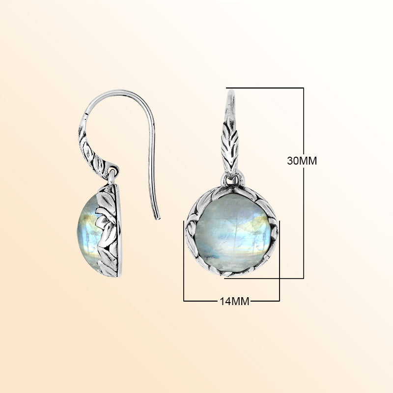 Sterling silver round earrings with Rainbow Moonstone and detailed oxidized silver craftsmanship.