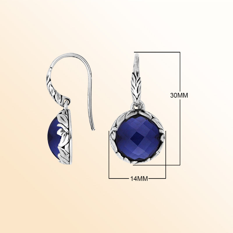 Sterling silver round earrings with Sapphire and detailed oxidized silver craftsmanship.