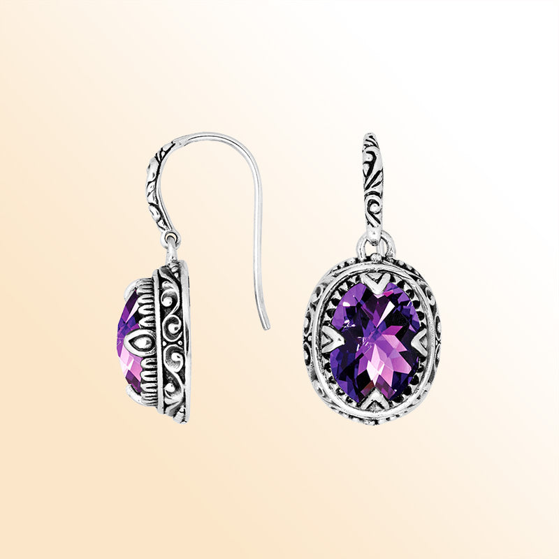 Sterling silver oval earrings with Amethyst Quartz and intricate oxidized silver craftsmanship.