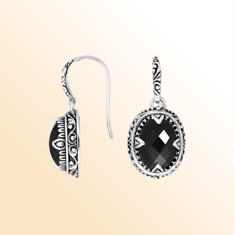 Sterling silver oval earrings with Black Onyx and intricate oxidized silver craftsmanship.