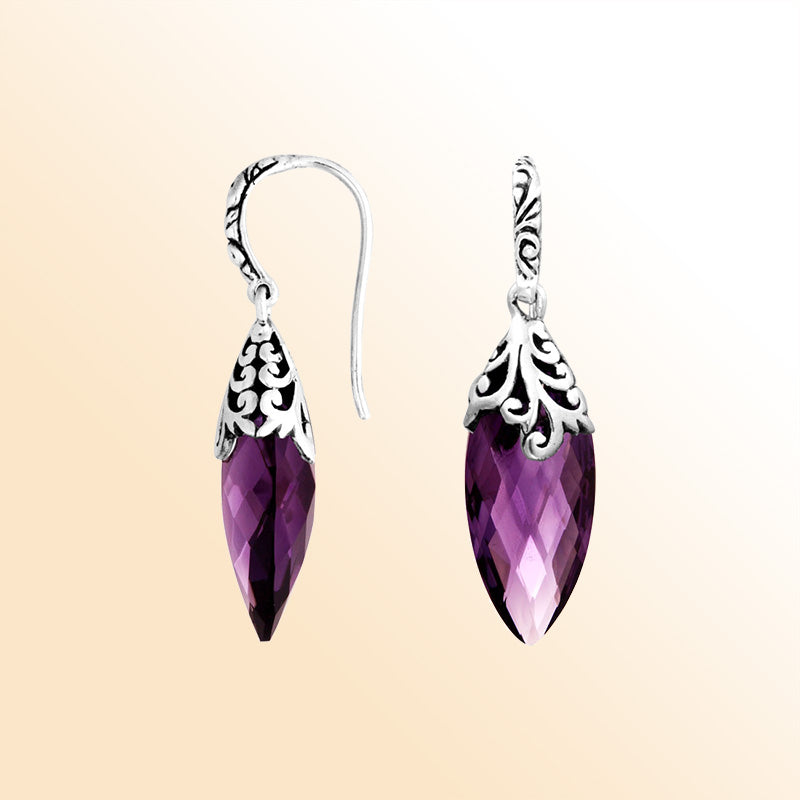 Sterling Silver Filigree Marquise Drop Earrings With Amethyst Quartz
