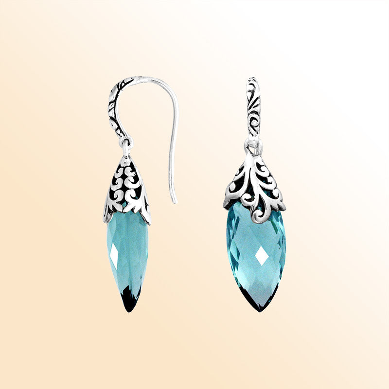 Elegant Sterling Silver Marquise Earrings With Blue Topaz Quartz And Ornate Scroll-Pattern Crowns