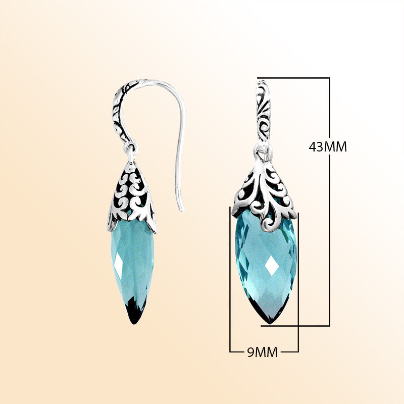 Elegant Sterling Silver Marquise Earrings With Blue Topaz Quartz And Ornate Scroll-Pattern Crowns