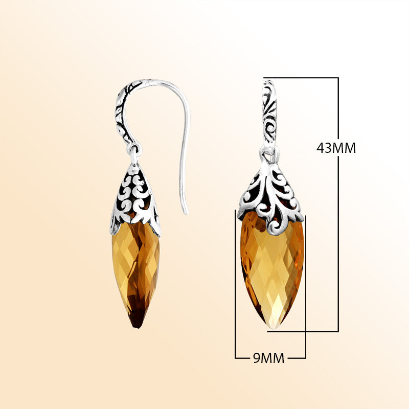 Elegant Sterling Silver Marquise Earrings With Warm Citrine Quartz And Ornate Scroll-Pattern Crowns