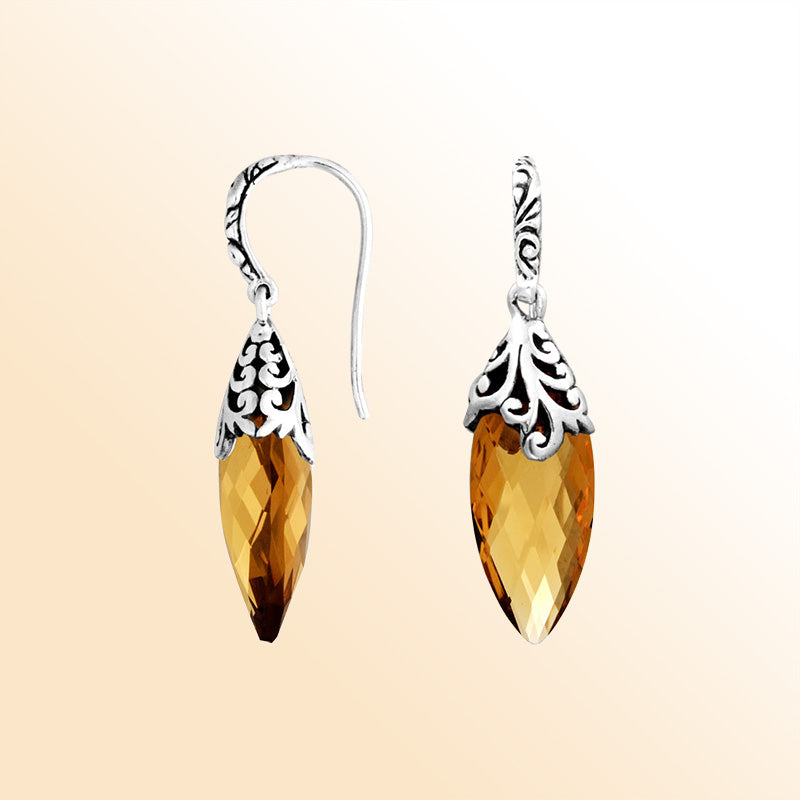 Elegant Sterling Silver Marquise Earrings With Warm Citrine Quartz And Ornate Scroll-Pattern Crowns