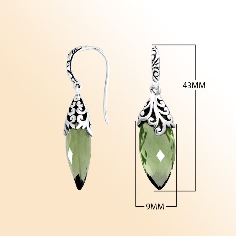 Elegant Sterling Silver Marquise Earrings With Warm Green Amethyst Quartz And Ornate Scroll-Pattern Crowns