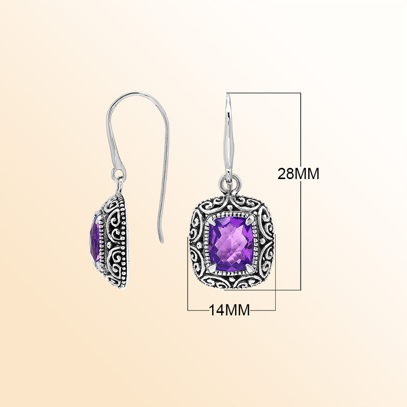 Elegant Sterling Silver Cushion Amethyst Quartz Earrings With Ornate Balinese Scroll Framing