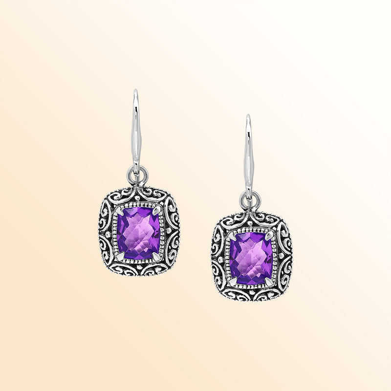 Elegant Sterling Silver Cushion Amethyst Quartz Earrings With Ornate Balinese Scroll Framing