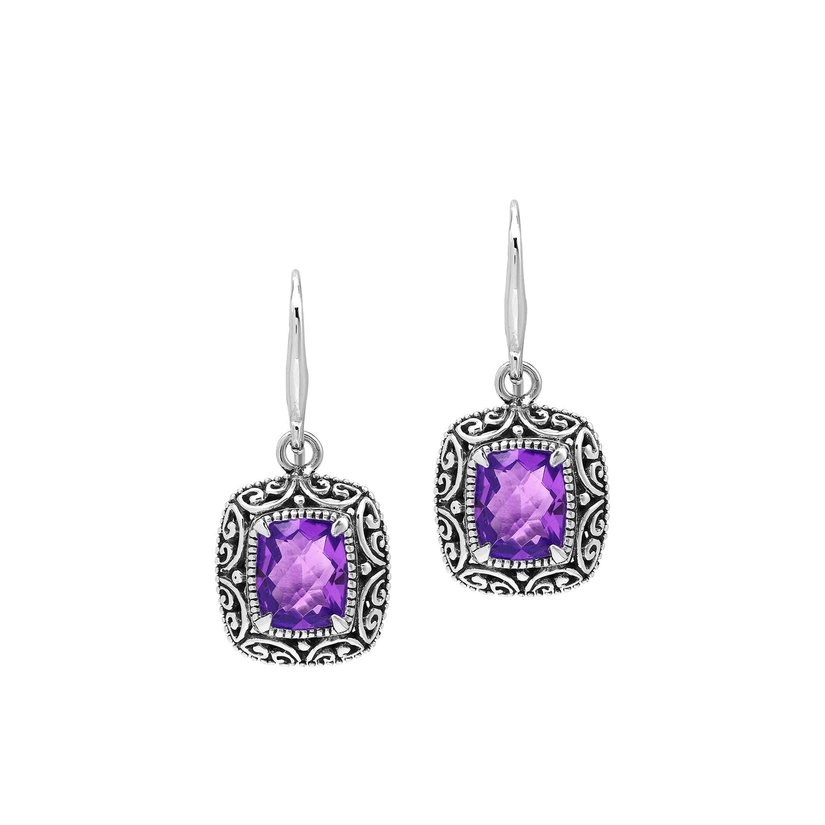 Elegant Sterling Silver Cushion Amethyst Quartz Earrings With Ornate Balinese Scroll Framing