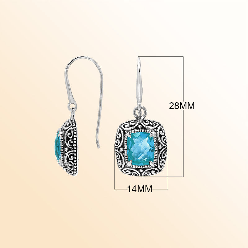 Elegant Sterling Silver Cushion Blue Topaz Quartz Earrings With Ornate Balinese Scroll Framing