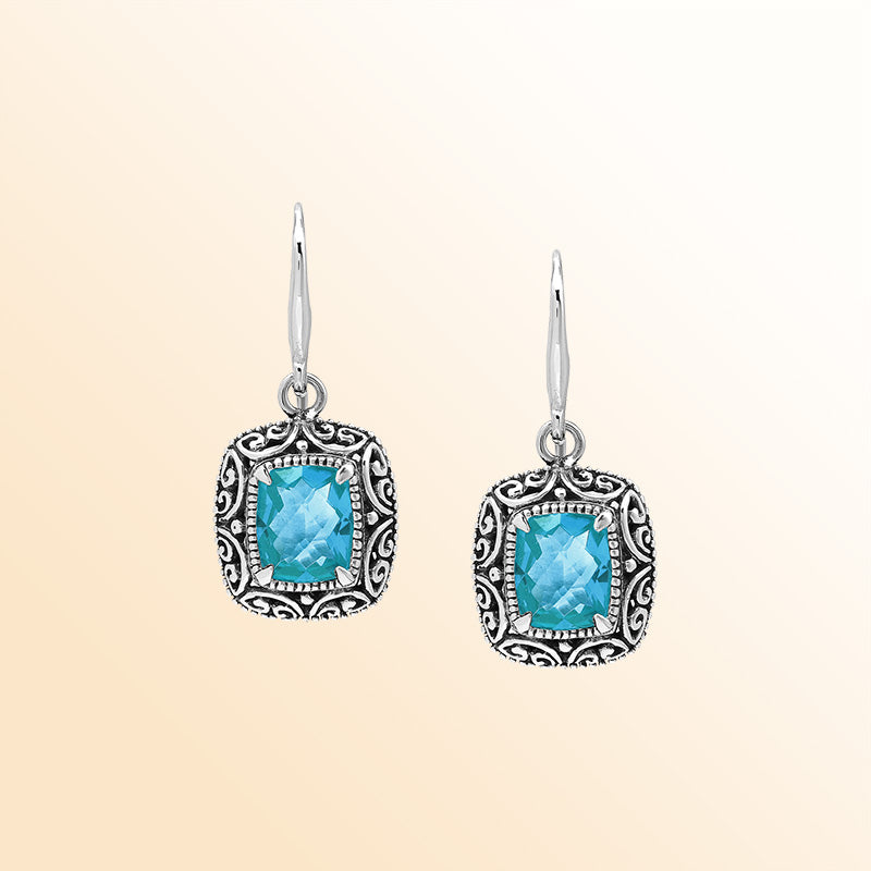 Elegant Sterling Silver Cushion Blue Topaz Quartz Earrings With Ornate Balinese Scroll Framing