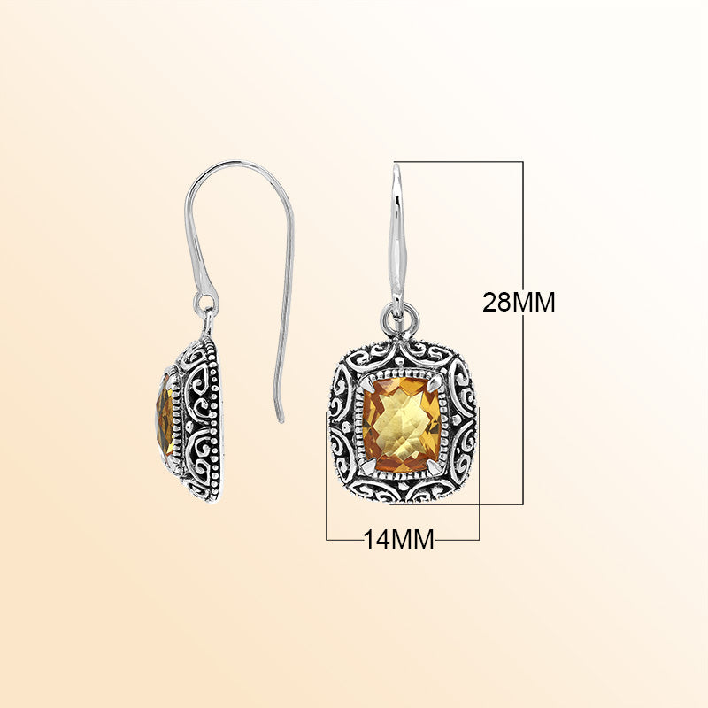 Elegant Sterling Silver Cushion Citrine Quartz Earrings With Ornate Balinese Scroll Framing