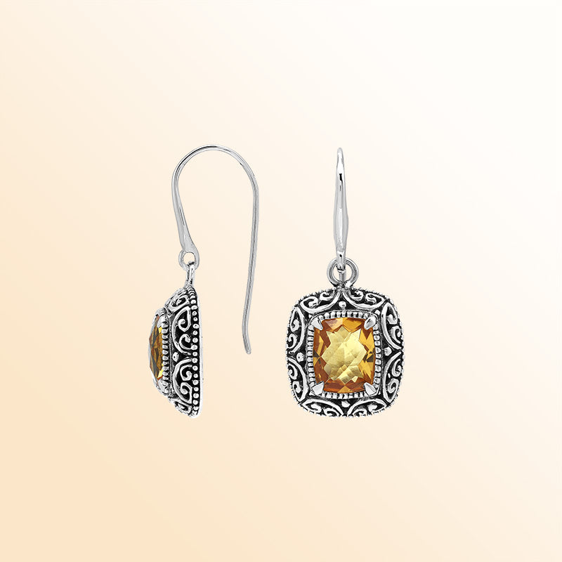 Elegant Sterling Silver Cushion Citrine Quartz Earrings With Ornate Balinese Scroll Framing