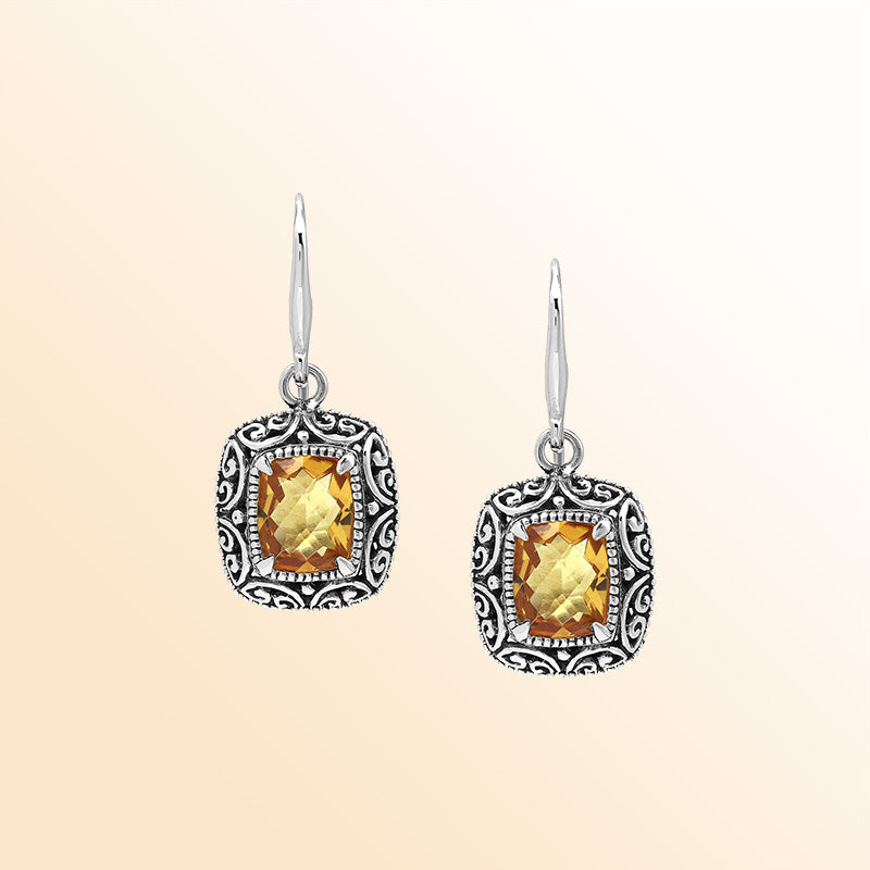 Elegant Sterling Silver Cushion Citrine Quartz Earrings With Ornate Balinese Scroll Framing