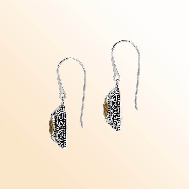 Elegant Sterling Silver Cushion Citrine Quartz Earrings With Ornate Balinese Scroll Framing