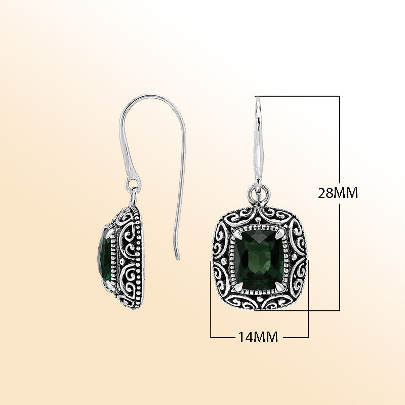 Vintage sterling silver Green Quartz dangle earrings with handcrafted Balinese artisan detailing
