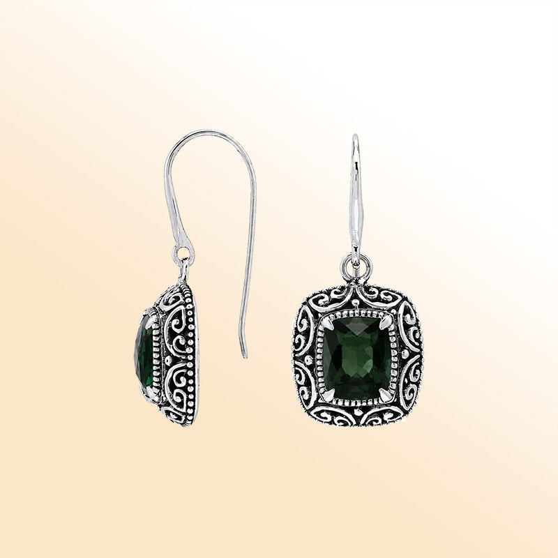 Vintage sterling silver Green Quartz dangle earrings with handcrafted Balinese artisan detailing