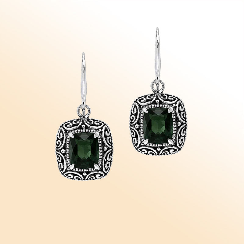 Vintage sterling silver Green Quartz dangle earrings with handcrafted Balinese artisan detailing