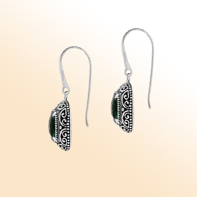 Vintage sterling silver Green Quartz dangle earrings with handcrafted Balinese artisan detailing